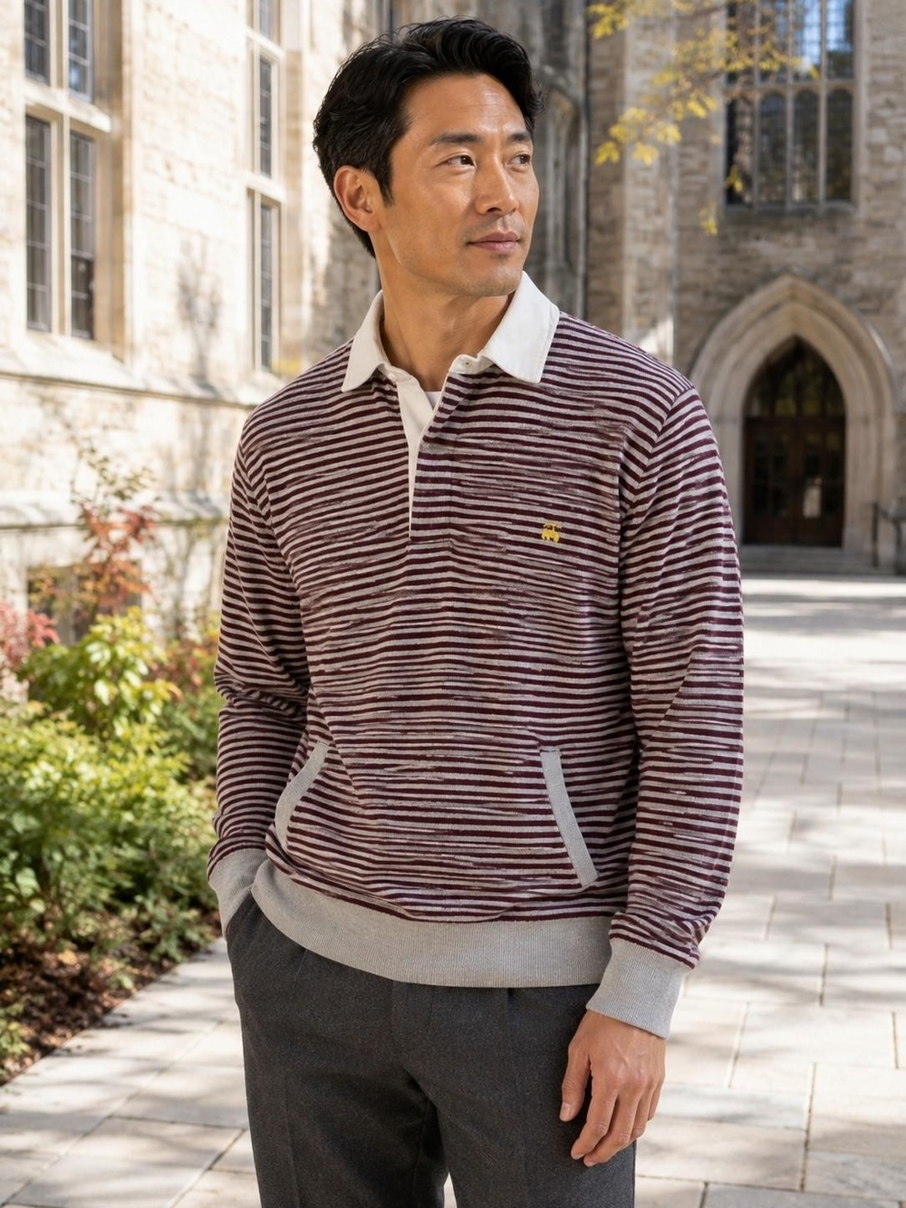 Brooks Brothers Washable Merino Wool Stripe Rugby Sweater XL Burgundy